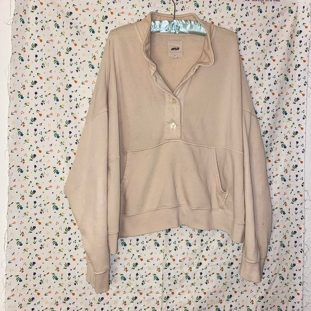 Tan Aerie cropped collared sweatshirt.